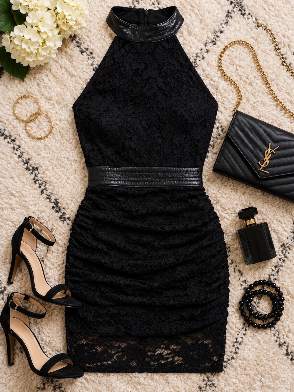 GUESS Amber Black Lace Bodycon Dress Faux Leather Trim Halter Size 2 NWT
